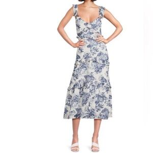 O.P.T. Floral Ruffle Blue & White Midi dress M